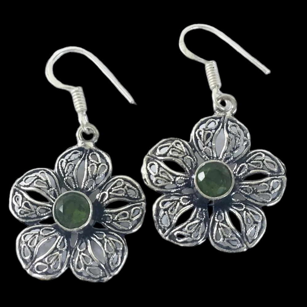 Peridot Gemstone Earrings Filigree Floral Blossom Flower Style Drop Dangle - Picture 5 of 5